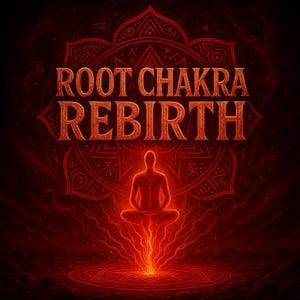 May include: A digital illustration with a red and orange color scheme. The words "ROOT CHAKRA REBIRTH" are displayed in a stylized font. A silhouetted figure in a seated yoga pose is centered below the text, with energy emanating from the base.