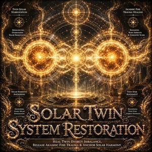 May include: An intricate digital art piece with a dark background and glowing golden light patterns. The text "Solar Twin System Restoration" is prominently displayed. Additional text includes "Twin Solar Stabilization" and "Akashic Fire Trauma Healing".