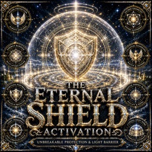 May include: A digital artwork with a central golden shield emitting light, surrounded by celestial imagery. The text reads "The Eternal Shield Activation" with additional phrases such as "Divine Protection" and "Sacred Geometry" in circular emblems.
