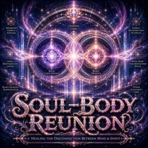 May include: Digital art with a cosmic theme. The image features the text "SOUL-BODY REUNION" in a metallic, ornate font, surrounded by celestial elements, including swirling energy streams and interconnected circles. The color palette is dominated by purples, blues, and golds.