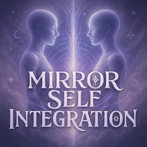 Puede incluir: Dos figuras translúcidas que se miran en una nebulosa púrpura y blanca con el texto "Mirror Self Integration" en blanco.