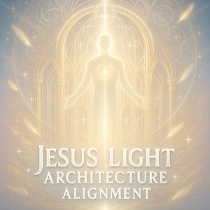 Puede incluir: Ilustración etérea de una figura luminosa con los brazos extendidos, irradiando luz. La imagen tiene una paleta de colores dorados con elementos arquitectónicos y plumas flotantes. El texto en la parte inferior dice "JESUS LIGHT ARCHITECTURE ALIGNMENT."