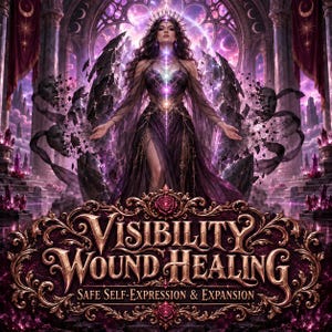 May include: A digital illustration featuring a central figure in a dark purple gown with a crown, surrounded by floating stone fragments and purple light. The text reads: VISIBILITY WOUND HEALING, SAFE SELF-EXPRESSION & EXPANSION in ornate gold lettering.