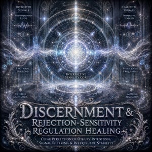 May include: A digital artwork in dark blue and silver tones, featuring the text "DISCERNMENT & REJECTION-SENSITIVITY REGULATION HEALING". The design incorporates swirling patterns, geometric shapes, and a central glowing core, with additional text elements around the central design.