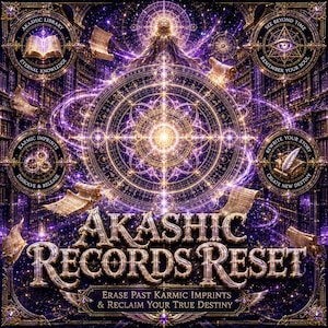 Pode incluir: Uma obra de arte digital com um tema celestial. A imagem apresenta o texto "AKASHIC RECORDS RESET" em letras douradas, rodeado por intrincados desenhos geométricos, pergaminhos flutuantes e as frases "Eternal Knowledge" e "Rewrite Your Story". A paleta de cores é dominada por roxo e dourado.