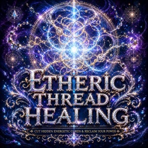 May include: An artistic digital design with the words "ETHERIC THREAD HEALING" in silver lettering. The background is a cosmic blend of blues, purples, and sparkling lights, with intricate patterns and celestial elements. The text at the bottom reads "CUT HIDDEN ENERGETIC CORDS & RECLAIM YOUR POWER".