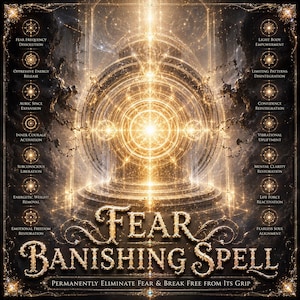 Może przedstawiać: Podświetlona grafika ze złotym napisem "Fear Banishing Spell". Obraz przedstawia centralną świecącą kulę otoczoną promienistymi liniami i tekstem opisującym różne korzyści duchowe, takie jak "Rozpuszczenie częstotliwości strachu" i "Przywrócenie wolności emocjonalnej."