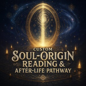 Op de afbeelding: Digitale illustratie met een gouden ovaal portaal dat helder licht uitstraalt, tegen een sterrenhemel. De tekst "CUSTOM SOUL-ORIGIN READING & AFTER-LIFE PATHWAY" in goud, suggereert een spiritueel thema.