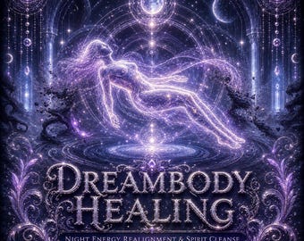 May include: Digital art featuring a glowing, ethereal figure floating amidst celestial elements. The image is predominantly purple and blue, with the text "DREAMBODY HEALING" and "NIGHT ENERGY REALIGNMENT & SPIRIT CLEANSE" displayed prominently.
