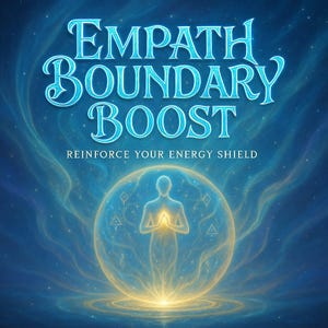 May include: A blue and yellow illustration of a person standing inside a glowing orb with the text "Empath Boundary Boost" and "Reinforce Your Energy Shield".