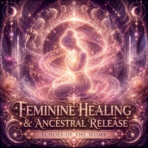 May include: Digital art featuring a woman in a meditative pose, surrounded by swirling light and ethereal figures. The image is predominantly purple and pink, with the text "FEMININE HEALING & ANCESTRAL RELEASE" and "ECHOES OF THE WOMB". The artwork evokes themes of spirituality and healing.