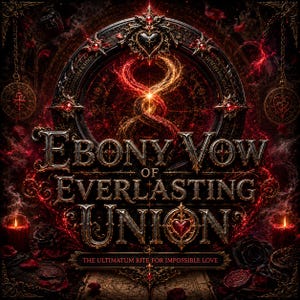 Puede incluir: Un diseño de estilo gótico con las palabras "Ebony Vow of Everlasting Union" en letras ornamentadas. La imagen presenta una combinación de colores rojo oscuro y negro con elementos decorativos, incluyendo corazones, velas y un diseño central en espiral.