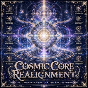 May include: A digital art print with a cosmic theme. The image features a central circular design with radiating lines and text that reads "Cosmic Core Realignment" and "Multiversal Energy Flow Restoration". The color palette includes blues, purples, and gold.