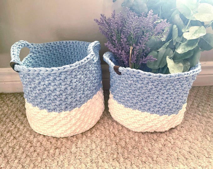 Set of 2 stackable Baskets (8 colour options) for gifts, or decorative storage. Made from soft t-shirt yarn. Keeps shape and easy to clean.