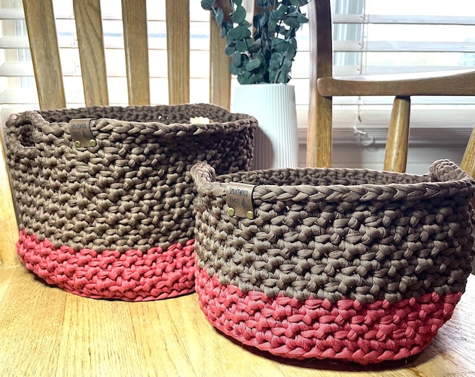 Set of 2 stackable Baskets (8 colour options) for gifts, or decorative storage. Made from soft t-shirt yarn. Keeps shape and easy to clean.