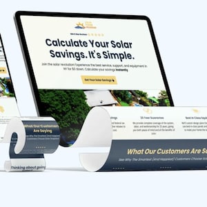 May include: A website screenshot showing a solar panel company's homepage. The website features a call to action to calculate solar savings, a section highlighting customer testimonials, and a section describing the company's services. The website is designed with a modern, clean aesthetic.