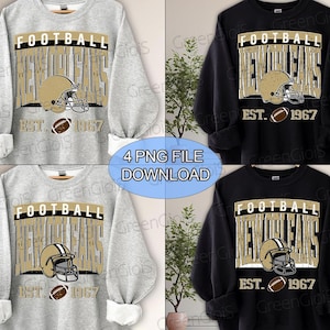 May include: Four sweatshirts, two grey and two black, with a football theme. Each sweatshirt features the word "FOOTBALL" above "NEW ORLEANS", a football helmet, and a football. The text "EST. 1967" is also included.
