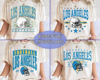Op de afbeelding: Vier crèmekleurige t-shirts met de tekst "LOS ANGELES FOOTBALL" in blauw en wit. Elk shirt heeft een ander ontwerp met een footballhelm en de jaren "1960" en "19". De tekst "4 PNG FILE DOWNLOAD" is ook zichtbaar.