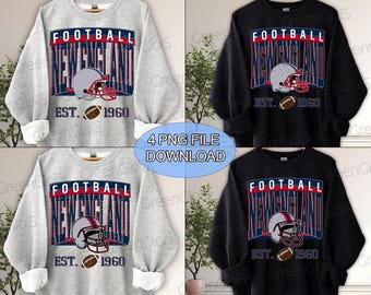 Op de afbeelding: Vier sweatshirts met een voetbalthema. Twee zijn grijs, twee zijn zwart. Elk heeft de tekst "FOOTBALL NEW ENGLAND" boven een voetbalhelm en voetbal, met "EST. 1960" eronder. De afbeelding bevat ook "4 PNG FILE DOWNLOAD".