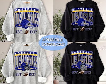Op de afbeelding: Vier sweatshirts, twee grijze en twee zwarte, elk met een voetbalthema. Het ontwerp bevat de tekst "FOOTBALL LOS ANGELES" in blauw en geel, een blauwe helm en een voetbal, met "EST. 1937" eronder.