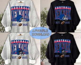 Könnte beinhalten: Vier Sweatshirts mit Fußballmotiv. Zwei sind grau und zwei sind schwarz. Jedes Sweatshirt trägt die Worte "FOOTBALL NEW YORK" in Rot und Blau, einen blauen Helm und einen Football. Der Text "EST. 1925" ist ebenfalls vorhanden.
