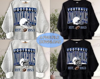 Peut inclure: Quatre sweat-shirts sur le thème du football. Deux sont gris et deux sont noirs. Chacun présente le mot "FOOTBALL" au-dessus de "INDIANAPOLIS" en bleu et blanc, un casque de football, un ballon de football et le texte "EST. 1953".
