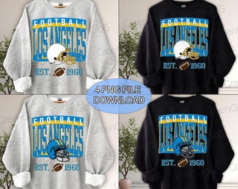Op de afbeelding: Vier sweatshirts met een voetbalthema. Twee zijn grijs, twee zijn zwart. Elk heeft de tekst "FOOTBALL LOS ANGELES" in blauw en geel, een voetbalhelm en een voetbal. De tekst "EST. 1960" is ook aanwezig. De afbeelding bevat ook de tekst "4 PNG FILE DOWNLOAD".