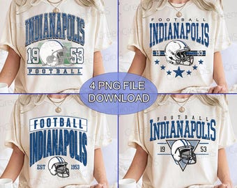 Peut inclure: Quatre t-shirts crème avec différents motifs de football d'Indianapolis. Chaque t-shirt présente le mot "Indianapolis" en bleu, un casque de football et les années "19" et "53". Le texte "4 PNG FILE DOWNLOAD" est également visible.