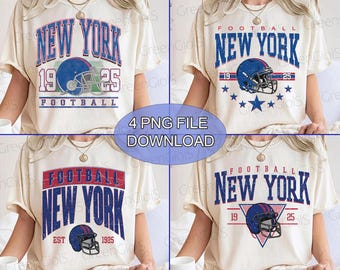 Könnte beinhalten: Vier cremefarbene T-Shirts mit verschiedenen Designs mit "NEW YORK FOOTBALL" in Blau und Rot. Jedes Shirt hat eine Footballhelm-Grafik und den Text "1925" oder "EST 1925". Der Text "4 PNG FILE DOWNLOAD" ist ebenfalls sichtbar.