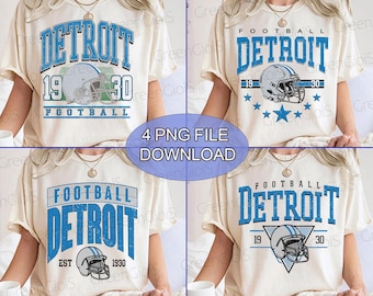 Könnte beinhalten: Vier cremefarbene T-Shirts mit verschiedenen Designs. Jedes Shirt zeigt das Wort "DETROIT" in Blau, Footballhelme und die Jahreszahlen "1930" und "19". Der Text "FOOTBALL" ist ebenfalls vorhanden. Das Bild enthält auch den Text "4 PNG FILE DOWNLOAD".