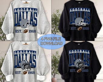 Può includere: Una felpa grigio chiaro e nera con la scritta "FOOTBALL DALLAS" in blu e bianco, un casco grigio e un pallone da football. È visibile anche la scritta "EST. 1960". L'immagine include anche una grafica "4 PNG FILE DOWNLOAD".