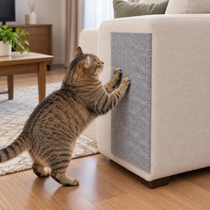 May include: A rectangular gray textured scratching pad attached to the side of a light beige upholstered sofa. A brown tabby cat is standing on its hind legs, using its front paws to scratch the surface of the vertical fabric panel.