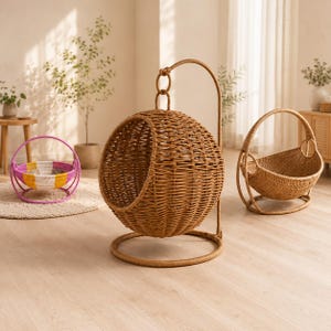 May include: A brown woven wicker hanging chair with a spherical shape suspended from a curved metal stand. To the left, a smaller pink and yellow woven basket with a handle. To the right, a brown woven wicker basket with a curved handle.