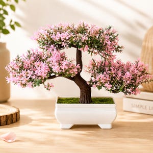 Peut inclure: Un bonsaï artificiel décoratif doté d'un tronc et de branches texturés brun foncé recouverts de petites feuilles rose clair. L'arbre est planté dans un pot rectangulaire en céramique blanche à quatre petits pieds, rempli de mousse verte.