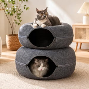 May include: Two stacked, circular, dark grey felt cat beds with zippered openings. A grey and white cat rests on top of the upper bed, while a long-haired grey and white cat sits inside the lower bed. The beds have a rounded, donut-like shape.