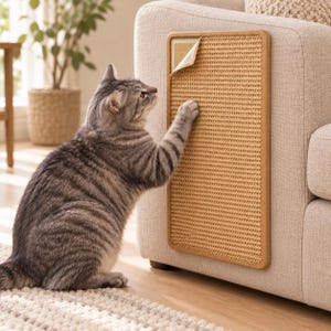 Könnte beinhalten: Ein rechteckiges Kratzbrett für Katzen mit hellbrauner Webstruktur und Holzrahmen, das an der Seite eines beigen Polstersofas befestigt ist. Das Brett hat eine kleine, teilweise abgelöste Ecke, die eine helle Kleberückseite freilegt.
