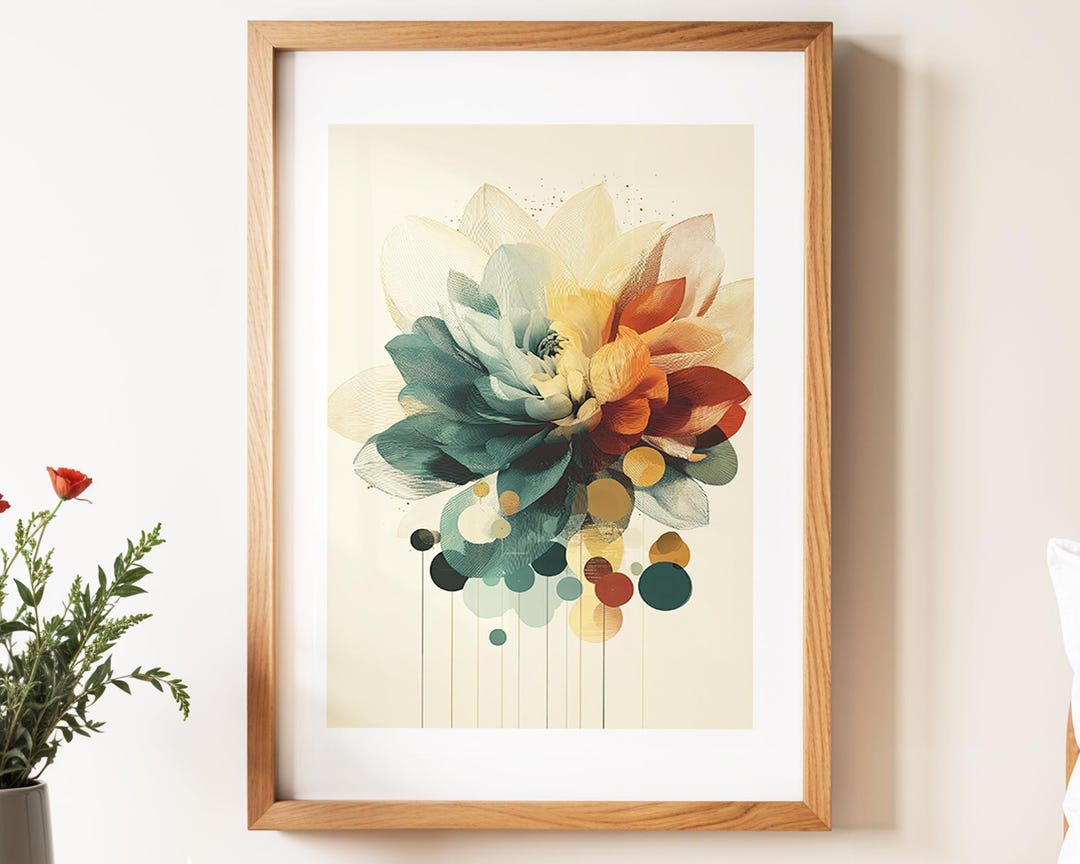 Modern Floral Art Print - Abstract Botanical Wall Decor in Teal, Amber ...