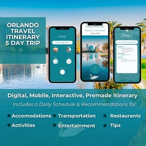 Könnte beinhalten: Drei Smartphones zeigen eine Orlando-Reiseroute an. Die Bildschirme zeigen einen Startbildschirm, eine Stadtansicht und einen Tagesplan. Das Bild enthält den Text: "Orlando Travel Itinerary 5 Day Trip" und "Digital, Mobile, Interactive, Premade Itinerary."