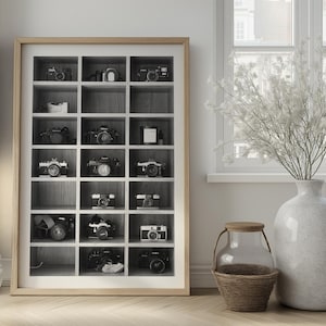 Film Camera Wall Art, Black and White Photography Print, Vintage Camera Collection Photo, Minimalist Decor, Photographer Gift