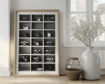 Filmkamera Wandkunst, Schwarzweiß-Fotografie, Vintage Kamerasammlung Foto, Minimalistisches Dekor, Fotograf Geschenk