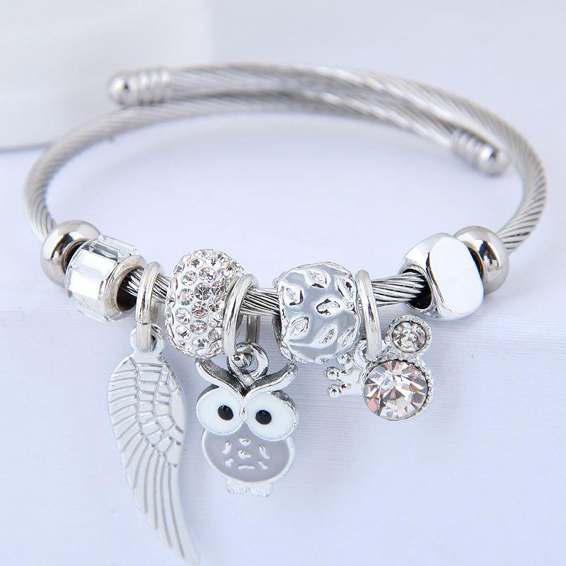 DIY Beaded Owl & Angel Wing Charm Bracelet – Stainless Steel Adjustable Bangle for Women
