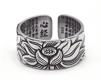 Anillo vintage de plata con el Sutra del Loto – Joyería ajustable con el Sutra del Corazón Budista