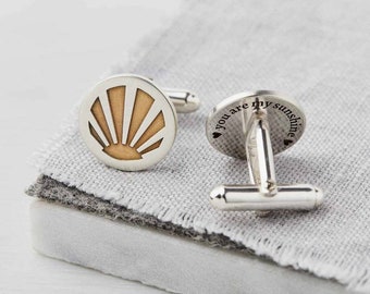 Silver and Gold Deco Sunburst Cufflinks with hidden messages engraved on the backs