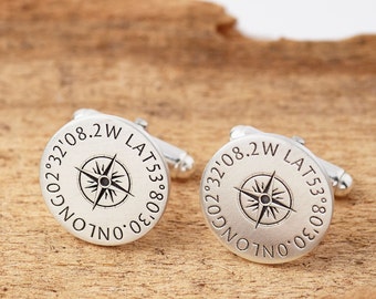 Sterling Silver Coordinate Cufflinks, Wedding, Best Man, Anniversary, Birthday gift, Custom Cufflinks, Latitude Longitude, Engraved Cufflink