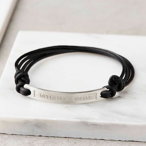Sterling Silver Leather Message Bracelet, Mens Bracelet, Boyfriend Gift, Personalized Bracelet, Anniversary Gift, Mens Silver Bracelet