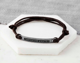 Engraved Message Bracelet Women or Men - Personalized Cord Bracelet with Name or Saying Engraved and Secret Message on Back