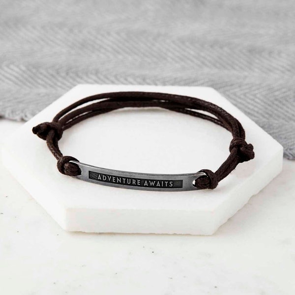 Engraved Message Bracelet Women or Men - Personalized Cord Bracelet with Name or Saying Engraved and Secret Message on Back