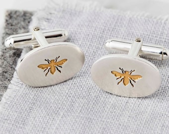 Personalised Oval Sterling Silver Bee Cufflinks highlighted with gold plated Bees, engraved with short messages on the back of the cufflinks