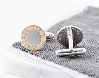 Personalised Sterling Silver Custom Cufflinks - engraved with your words on solid sterling silver, highlighted with gold plate