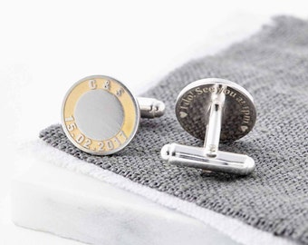 Silver and Gold Initials and Date Cufflinks - deeply engraved with your initials and special date, highlighted in gold